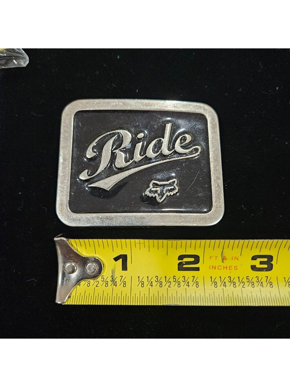 Ride Belt Buckle Silver tone Metal black enamel Fox racing 2.5" X 2" Rectangle